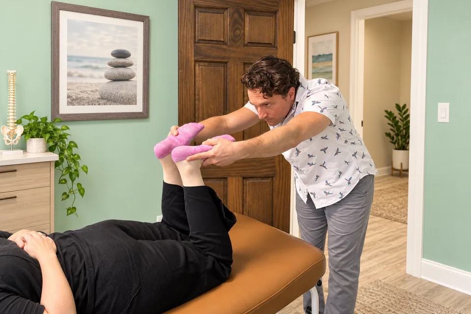 Dr. Zach Conner gently stretching a patient's raised legs on the adjusting table